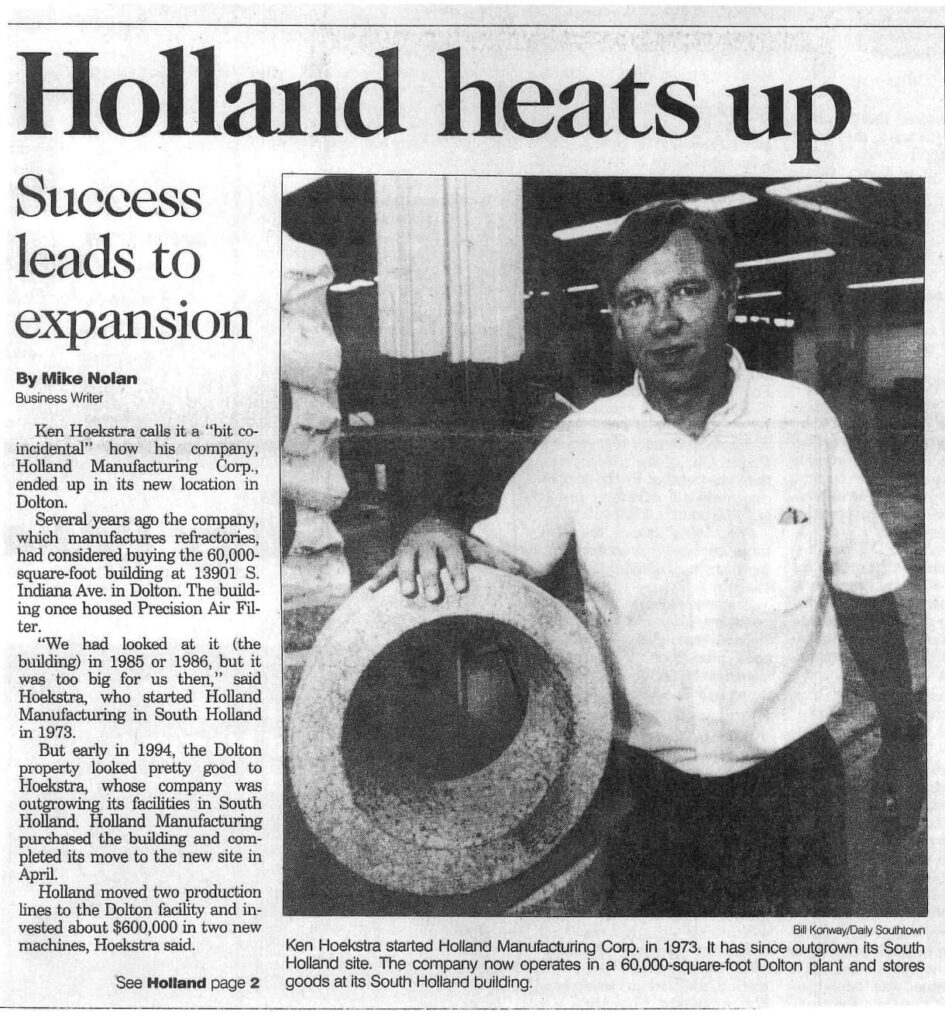 Newspaper article about Holland Manufacturing